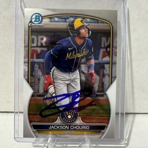 Jackson Chourio Signed 2023 Bowman Chrome Rookie Card #BCO-76. COA. Autograph.